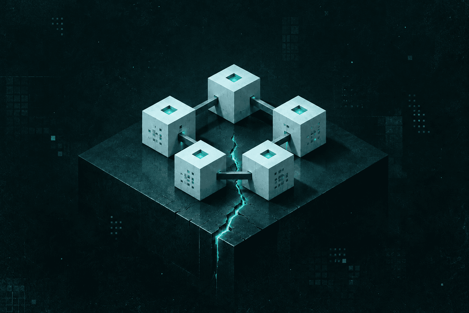 Five connected processing blocks stand on a shared foundation split by a crack.