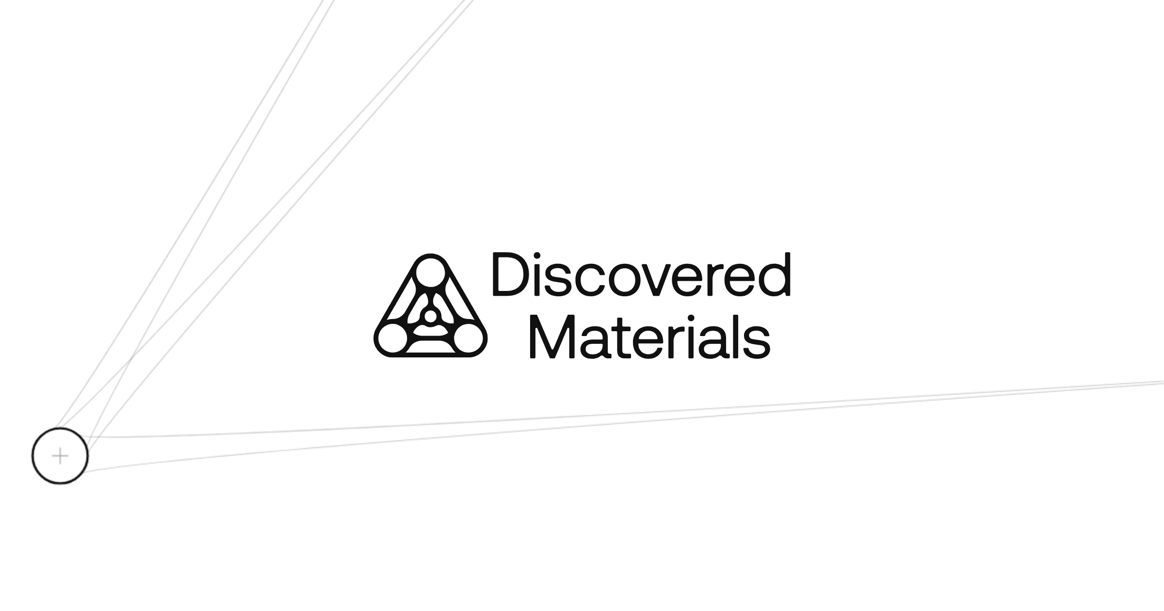 Discovered Materials wordmark beside a triangular molecule logo, on white with faint radiating lines